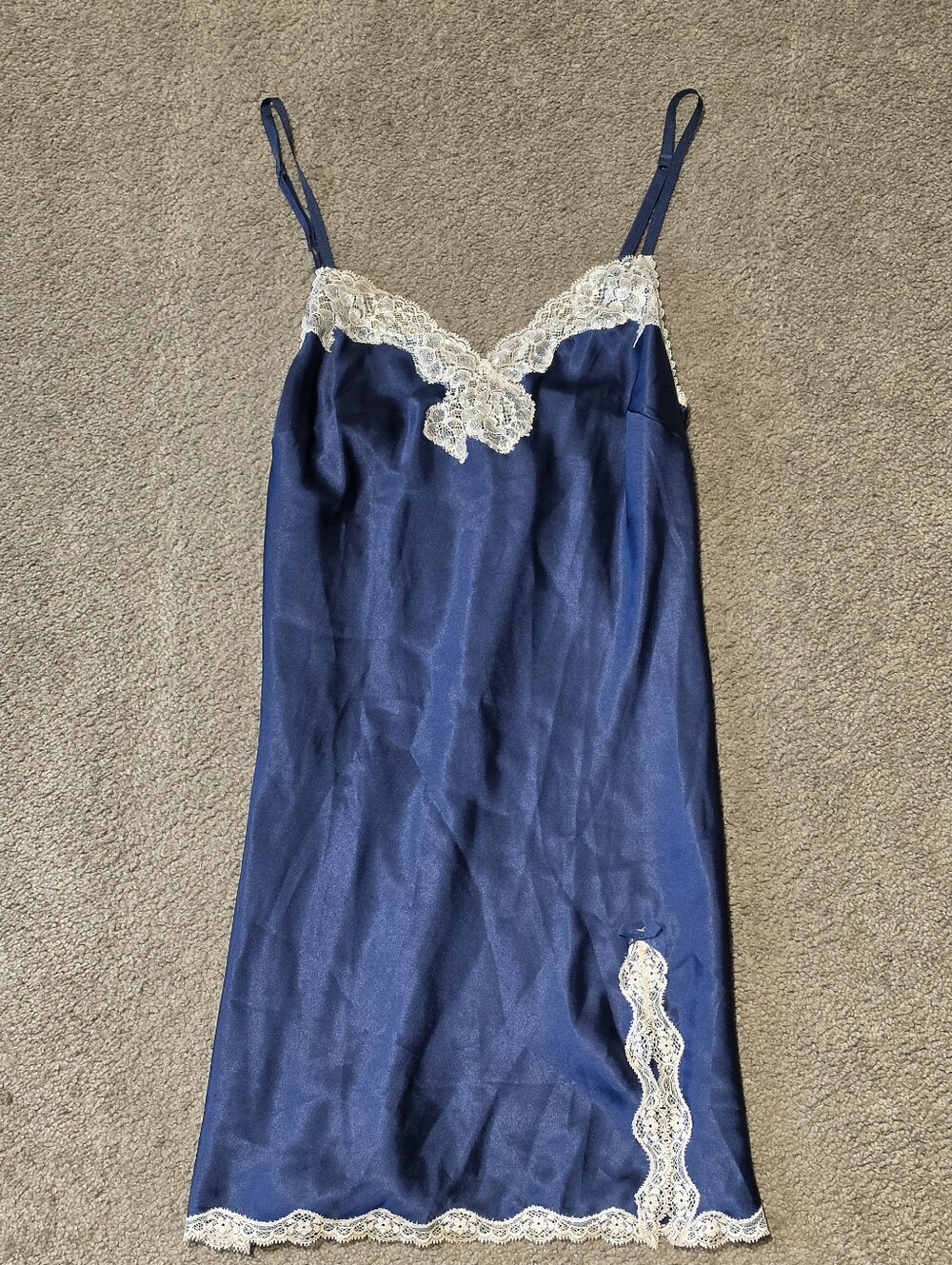 NWOT Victoria Secret Navy Satin Lace-Trim Slip